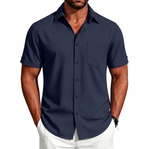 image:imageCOOFANDY Mens Button Down Shirts Short Sleeve Casual Shirts Summer Beach Linen Shirts with PocketNavy Blue