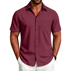image:imageCOOFANDY Mens Button Down Shirts Short Sleeve Casual Shirts Summer Beach Linen Shirts with PocketWine Red