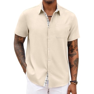 image:imageCOOFANDY Mens Button Down Shirts Short Sleeve Casual Summer Beach Vacation Wedding Shirt with PocketBeige