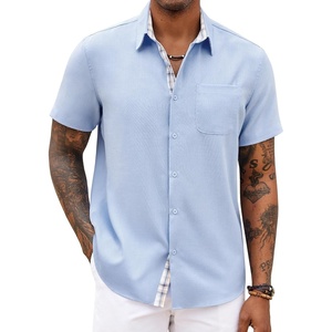 image:imageCOOFANDY Mens Button Down Shirts Short Sleeve Casual Summer Beach Vacation Wedding Shirt with PocketClear Blue