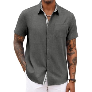 image:imageCOOFANDY Mens Button Down Shirts Short Sleeve Casual Summer Beach Vacation Wedding Shirt with PocketDeep Grey