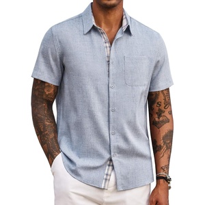 image:imageCOOFANDY Mens Button Down Shirts Short Sleeve Casual Summer Beach Vacation Wedding Shirt with PocketLight Denim Blue