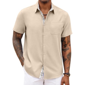 image:imageCOOFANDY Mens Button Down Shirts Short Sleeve Casual Summer Beach Vacation Wedding Shirt with PocketLight Khaki