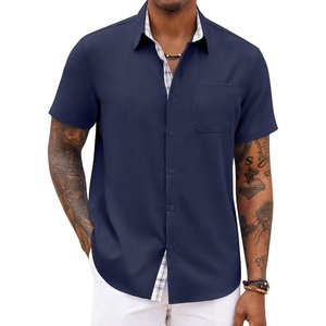 image:imageCOOFANDY Mens Button Down Shirts Short Sleeve Casual Summer Beach Vacation Wedding Shirt with PocketNavy Blue