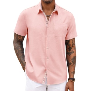 image:imageCOOFANDY Mens Button Down Shirts Short Sleeve Casual Summer Beach Vacation Wedding Shirt with PocketPink