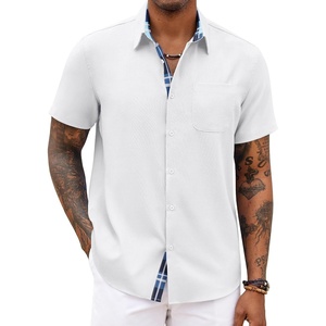 image:imageCOOFANDY Mens Button Down Shirts Short Sleeve Casual Summer Beach Vacation Wedding Shirt with PocketWhite  Blue Plaid