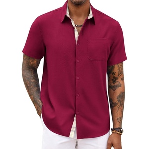 image:imageCOOFANDY Mens Button Down Shirts Short Sleeve Casual Summer Beach Vacation Wedding Shirt with PocketWine Red