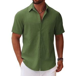 image:imageCOOFANDY Mens Button Down Short Sleeve Shirt Casual Cotton Summer Beach Linen Wedding Shirts with PocketOlive Green
