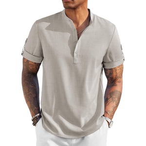 image:imageCOOFANDY Mens Casual Henley Shirt Short Sleeve Band Collar Linen Shirt Summer Beach Hippie TShirtsApricot
