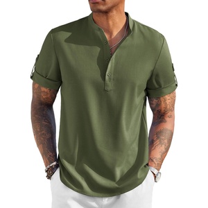 image:imageCOOFANDY Mens Casual Henley Shirt Short Sleeve Band Collar Linen Shirt Summer Beach Hippie TShirtsArmy Green