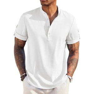image:imageCOOFANDY Mens Casual Henley Shirt Short Sleeve Band Collar Linen Shirt Summer Beach Hippie TShirtsAwhite