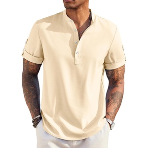 image:imageCOOFANDY Mens Casual Henley Shirt Short Sleeve Band Collar Linen Shirt Summer Beach Hippie TShirtsBeige