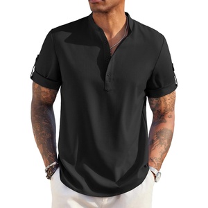 image:imageCOOFANDY Mens Casual Henley Shirt Short Sleeve Band Collar Linen Shirt Summer Beach Hippie TShirtsBlack