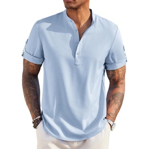 image:imageCOOFANDY Mens Casual Henley Shirt Short Sleeve Band Collar Linen Shirt Summer Beach Hippie TShirtsBlue
