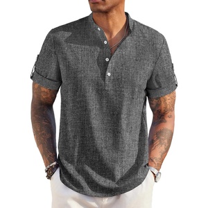 image:imageCOOFANDY Mens Casual Henley Shirt Short Sleeve Band Collar Linen Shirt Summer Beach Hippie TShirtsDark Gray