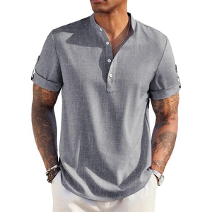 image:imageCOOFANDY Mens Casual Henley Shirt Short Sleeve Band Collar Linen Shirt Summer Beach Hippie TShirtsFlecking Navy Blue
