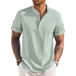 image:imageCOOFANDY Mens Casual Henley Shirt Short Sleeve Band Collar Linen Shirt Summer Beach Hippie TShirtsGreen