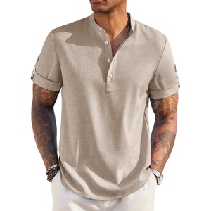 image:imageCOOFANDY Mens Casual Henley Shirt Short Sleeve Band Collar Linen Shirt Summer Beach Hippie TShirtsKhaki