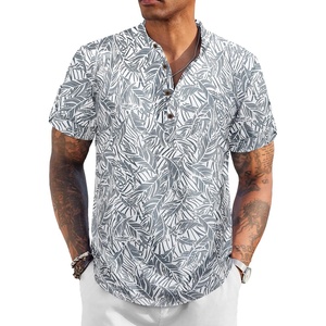 image:imageCOOFANDY Mens Casual Henley Shirt Short Sleeve Band Collar Linen Shirt Summer Beach Hippie TShirtsLeafgrey