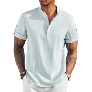 image:imageCOOFANDY Mens Casual Henley Shirt Short Sleeve Band Collar Linen Shirt Summer Beach Hippie TShirtsLight Blue