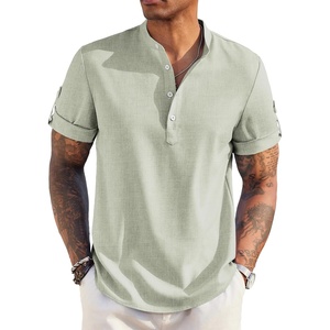image:imageCOOFANDY Mens Casual Henley Shirt Short Sleeve Band Collar Linen Shirt Summer Beach Hippie TShirtsLight Green
