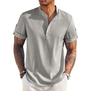 image:imageCOOFANDY Mens Casual Henley Shirt Short Sleeve Band Collar Linen Shirt Summer Beach Hippie TShirtsLight Grey