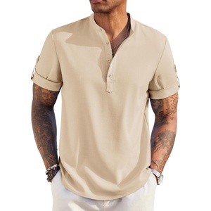 image:imageCOOFANDY Mens Casual Henley Shirt Short Sleeve Band Collar Linen Shirt Summer Beach Hippie TShirtsLight Khaki