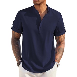 image:imageCOOFANDY Mens Casual Henley Shirt Short Sleeve Band Collar Linen Shirt Summer Beach Hippie TShirtsNavy Blue