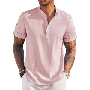 image:imageCOOFANDY Mens Casual Henley Shirt Short Sleeve Band Collar Linen Shirt Summer Beach Hippie TShirtsPink