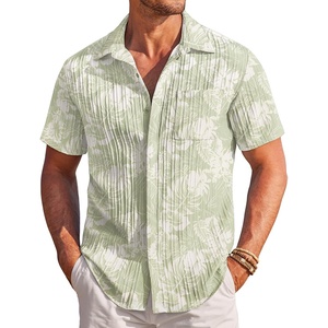 image:imageCOOFANDY Mens Casual Textured Short Sleeve Button Down Summer Beach ShirtLight Green White Leaf