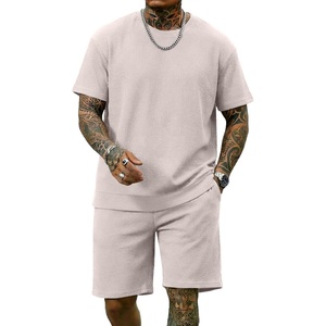 image:imageCOOFANDY Mens Cotton Waffle 2 Piece Outfits Casual Short Sleeve Shirts and Shorts Set Summer Jogging Tracksuit Lounge SetsBeige