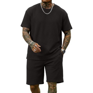 image:imageCOOFANDY Mens Cotton Waffle 2 Piece Outfits Casual Short Sleeve Shirts and Shorts Set Summer Jogging Tracksuit Lounge SetsBlack