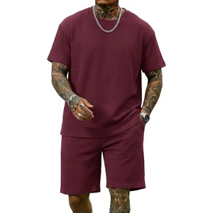 image:imageCOOFANDY Mens Cotton Waffle 2 Piece Outfits Casual Short Sleeve Shirts and Shorts Set Summer Jogging Tracksuit Lounge SetsDark Red
