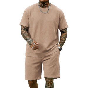 image:imageCOOFANDY Mens Cotton Waffle 2 Piece Outfits Casual Short Sleeve Shirts and Shorts Set Summer Jogging Tracksuit Lounge SetsKhaki