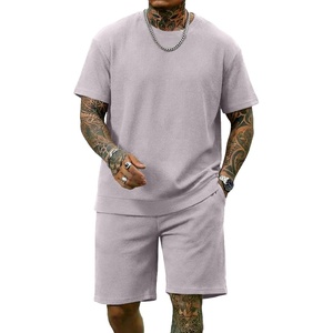 image:imageCOOFANDY Mens Cotton Waffle 2 Piece Outfits Casual Short Sleeve Shirts and Shorts Set Summer Jogging Tracksuit Lounge SetsLight Gray