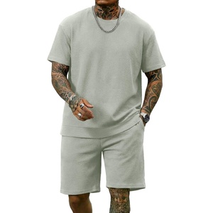 image:imageCOOFANDY Mens Cotton Waffle 2 Piece Outfits Casual Short Sleeve Shirts and Shorts Set Summer Jogging Tracksuit Lounge SetsLight Green