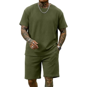 image:imageCOOFANDY Mens Cotton Waffle 2 Piece Outfits Casual Short Sleeve Shirts and Shorts Set Summer Jogging Tracksuit Lounge SetsMilitary Green