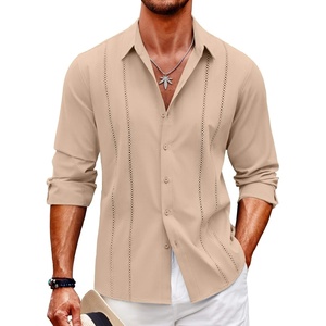 image:imageCOOFANDY Mens Cuban Guayabera Shirt Casual Button Down Shirts Long Sleeve Summer Beach ShirtsLight Khaki