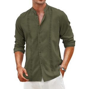 image:imageCOOFANDY Mens Cuban Guayabera Shirt Casual Long Sleeve Button Down Shirts Band Collar Linen Summer Beach ShirtArmy Green