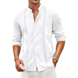 image:imageCOOFANDY Mens Cuban Guayabera Shirt Casual Long Sleeve Button Down Shirts Band Collar Linen Summer Beach ShirtAwhite
