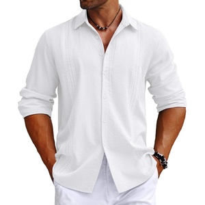 image:imageCOOFANDY Mens Cuban Guayabera Shirt Long Sleeve Casual Button Down Shirts Beach Linen Shirt White
