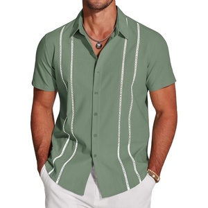 image:imageCOOFANDY Mens Cuban Guayabera Shirt Short Sleeve Button Down Shirts Casual Summer Beach Linen ShirtsArmy Greenwhite Webbing