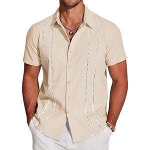 image:imageCOOFANDY Mens Cuban Guayabera Shirt Short Sleeve Button Down Shirts Casual Summer Beach Linen ShirtsBeigewhite Webbing