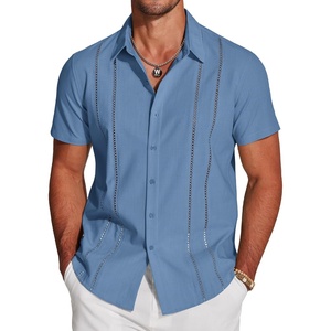 image:imageCOOFANDY Mens Cuban Guayabera Shirt Short Sleeve Button Down Shirts Casual Summer Beach Linen ShirtsDenim Blue