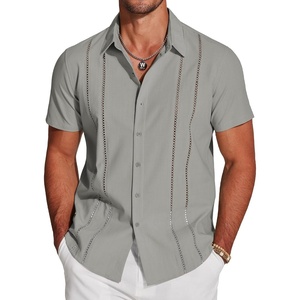 image:imageCOOFANDY Mens Cuban Guayabera Shirt Short Sleeve Button Down Shirts Casual Summer Beach Linen ShirtsLight Grey