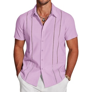 image:imageCOOFANDY Mens Cuban Guayabera Shirt Short Sleeve Button Down Shirts Casual Summer Beach Linen ShirtsLight Purple
