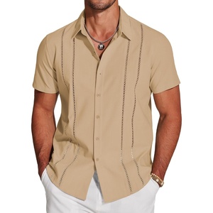image:imageCOOFANDY Mens Cuban Guayabera Shirt Short Sleeve Button Down Shirts Casual Summer Beach Linen ShirtsLight Tan