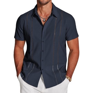 image:imageCOOFANDY Mens Cuban Guayabera Shirt Short Sleeve Button Down Shirts Casual Summer Beach Linen ShirtsNavy Blue