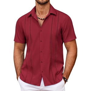 image:imageCOOFANDY Mens Cuban Guayabera Shirt Summer Beach Vacation Shirt Casual Short Sleeve Button Down Resort WearRed Dahlia
