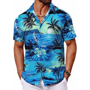image:imageCOOFANDY Mens Hawaiian Shirt Short Sleeve Button Down Shirts Tropical Floral Summer Beach ShirtsLight Blue  Island Scenery